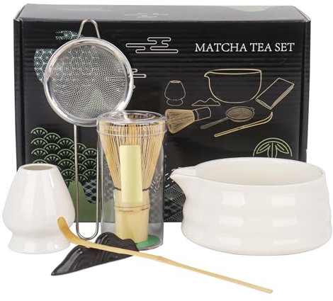Set of 6 Matcha Tea Set with Whisk and Bowl, Matcha Whisk Set Matcha Bowl and Matcha Whisk, Scoop(White)