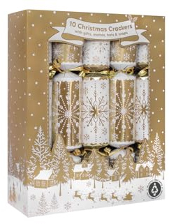 RSW 10 Family Gold Snowflake 12 Crackers – Elegant White & Gold Christmas Crackers with Hats, Mottos & Festive Gifts – Perfect for Christmas Dinner