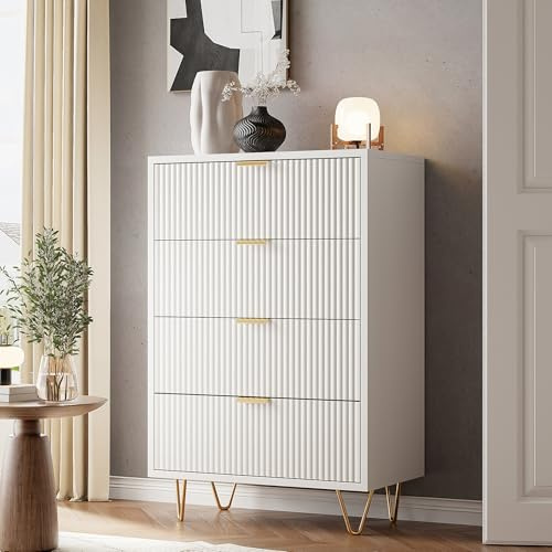 Kommode weiß hochglanz mit 4 Schubladen, Sideboard Schrank Highboard mit Metallgriffe und Metallbeine, Schlafzimmer Kommode vintage, für Flur, Wohnzimmer, Schrank, Schlafzimmer, 60 x 34 x 91cm (Neu07)