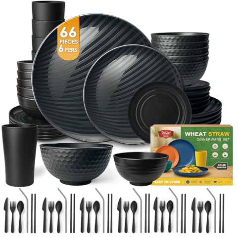 Teivio 66-Piece Kitchen Plastic Wheat Straw Dinnerware Sets for 6, Dinner Plates, Plates and Bowls Sets,Cups, Flatware, Dishwasher Safe, Unbreakable Apartment Outdoor Camping Dishes, Black