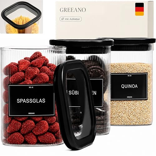 Greeano Riffel Vorratsgläser eckig mit Glasdeckel 1000ml [3er Set] | luftdicht & mottensicher | Vorratsdosen Glas | Aufbewahrungsgläser Küche für Lebensmittel, Nudeln, Mehl, Müsli, Kaffee