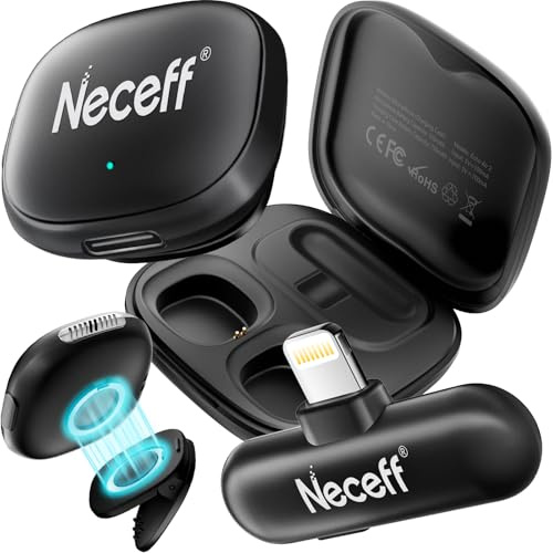 Neceff Micro Cravate sans Fil pour iPhone 5-14, Wireless Microphone Clip-on Lightning, Plug-and-Play, 48kHz/24Bit Hi-FI, Réduction de Bruit IA, 32H Batterie, Magnétique pour Vlog Youtube TikTok