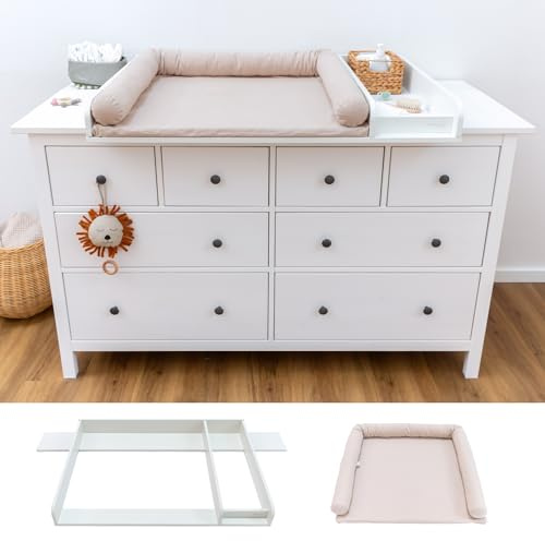 LIMMALAND Wickelaufsatz-Set für IKEA HEMNES 160cm - Pure Beige | Aufsatz mit Trennfach, Auflage aus 100% Baumwolle · waschbar bei 60°C · inkl. Baumwoll-Schlange als Stoßschutz