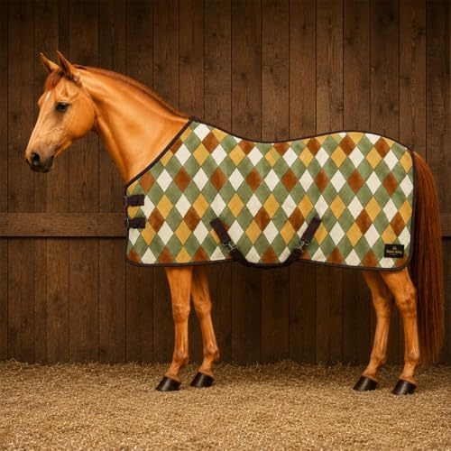 Brama-West Abschwitzdecke Pferd aus Fleece | Anti-Pilling Pferdedecke | Atmungsaktive Weidedecke mit Kreuzgurten (Olive/Gelb/Grün, 155)