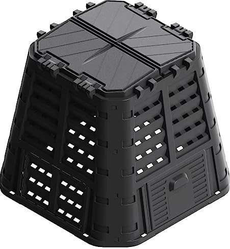 Mangloder - Compostador térmico para jardín, color negro, 93,3 x 93,3 x 80 cm, 480 L, plástico compostador para jardín y cocina con tapa, tapa y puerta corredera