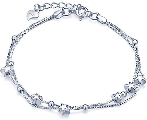 Unendlich U Elegant Sterne Beads Damen Charm-Armband 925 Sterling Silber Doppel Armkette Verstellbar Armkettchen, Silber