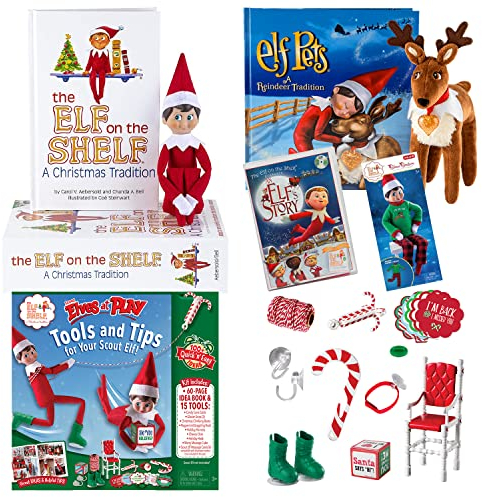 The Elf on the Shelf Play Starter Set: Blue Eye Boy Elf, I'm So Fly PJs, Elf Pet Rentier, eine Original Elf Story DVD und Scout Elves at Play Set