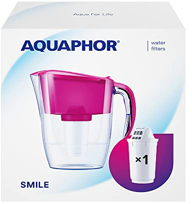 AQUAPHOR Jarra Filtrante Smile - 2,9 L, Ideal para Puertas de Frigorífico, Ligera y Compacta, Incluye Filtro A5 de 350 L con Magnesio, Reduce Cal, Cloro y Microplásticos - Rosa