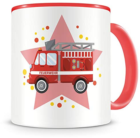 Samunshi® Kinder-Tasse mit Feuerwehr Auto als Motiv Bild Kaffeetasse Teetasse Becher Kakaotasse 300ml rot