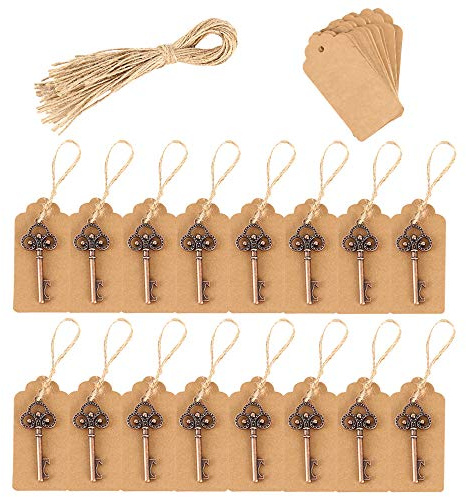 Ghopy Paquete de 50 abrebotellas de llaves de esqueleto antiguo con etiqueta Kraft, decoración rústica para fiestas