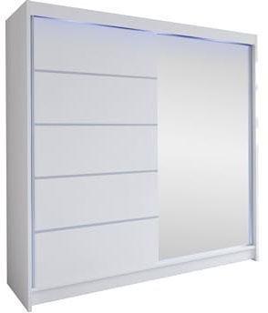 Mirjan24 Schiebetürenschrank Talin III, Aluminiumgleitschienen, Kleiderschrank mit Kleiderstange, Einlegeboden für Schlafzimmer, Diele (Weiß/Weiß + Spiegel, mit RGB LED Beleuchtung)