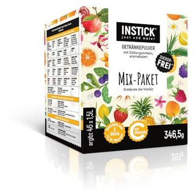 INSTICK Boisson instantanée sans sucre | paquet mix de 46 chacun pour 1,5-2,5L | différentes sortes | boisson en poudre - végétalienne, faible en calories, avec vitamine C, poudre pour eau