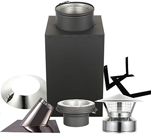 AllFuel HST Cathedral Ceiling Kit with Spark Guard Chimney Cap for 6 Diameter 304 Stainless Steel Class-A Double Wall Chimney Pipe (36 Square Ceiling Support Box, 7/12-12/12 Pitch Roof Flashing)