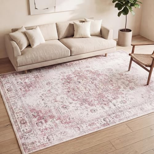 FRAAI | Home & Living Vintage Teppich - Lago Rot Rosa - 200x290 cm - Baumwolle, Polyester - Flachgewebe - Vintage - Orientalisch - Wohnzimmer, Esszimmer, Schlafzimmer