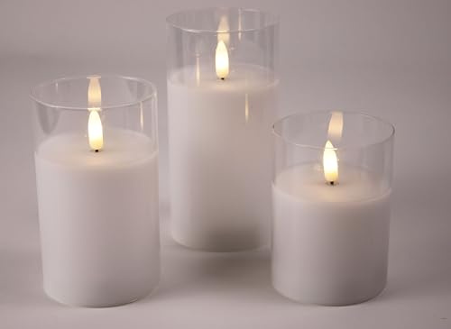 3er Set Wachskerzen mit 3D Flamme im transparenten Glas, Größen: 5x10/12,5/15cm