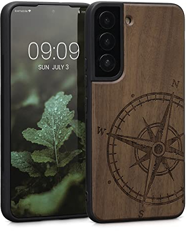 kwmobile Hülle kompatibel mit Samsung Galaxy S22 Hülle - Holz Case - Handy Cover - TPU Handyhülle in Dunkelbraun Kompass Vintage