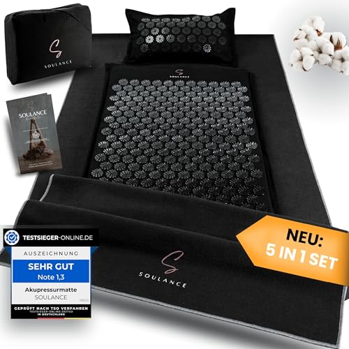 SOULANCE Akupressurmatte mit Kissen- 5-in-1 Premium Set [inkl. Yoga-Tuch] & Tragetasche,Kokosfaserfüllung – Massagematte, Akupunkturmatte gegen Nacken-und Rückenschmerzen