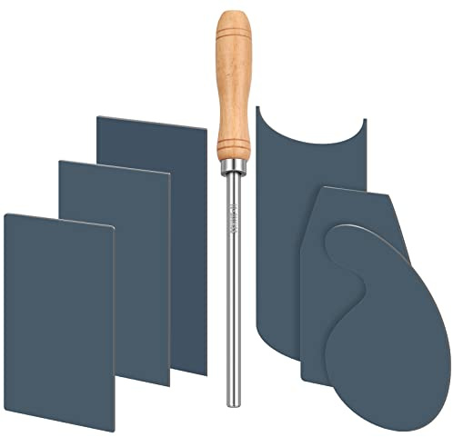 Therwen Scraper Burnisher and 6 Pcs Multi-Shaped Scraper Set Burnishing Tool Card Scraper Woodworking Include 3 Rectangle 1 Gooseneck 1 Curved 1 Beveled Hand Cabinet Scraper for Woodworking (Blue)_AB | Cabinet Scraper Set with Wood Handle Burnisher, 3 Rectangle Shapes, Gooseneck Curved Beveled, Hand Smoothing Finish