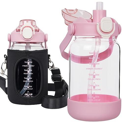 Seekua Botella Agua Cristal 1l con Pajita y Marcas de Tiempo, Botella Vidrio Grande de 1 litro con Infusor Apto Para Jugos, Batidos