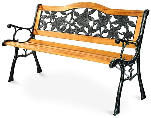 RELAX4LIFE Garden Bench, Weather-Proof Outdoor Slatted Seat with Flower Pattern, Rugged Cast Iron Loveseat for Backyard Porch Patio Poolside (Arched Back with Rose Pattern)