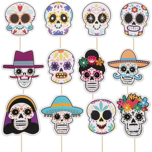LOGOFUN 12 palillos de dientes para cupcakes del Día de los Muertos, decoración de Halloween, calavera, pastel, palillos de comida mexicana para decoración de mesa de fiesta de Halloween