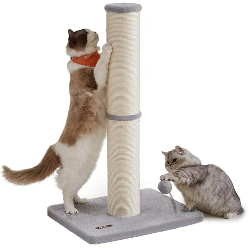 Feandrea Kratzbaum, 85 cm hoch, Kratzsäule XL, 13 cm Dicker Stamm, Katzenbaum, Kratzstamm für mittelgroße und große Katzen, Sisalstamm, mit Plüschball und Glocke, Taubengrau PCA041G01