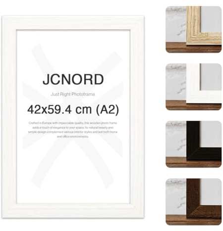JCNORD Weißer MDF Holz Bilderrahmen A2 (42x59.4 cm) mit bruchsicherem Acrylglas | Moderner Fotorahmen für Wände und Tische