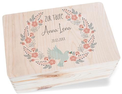 Shirtracer Erinnerungsbox Baby personalisiert Taufe Taube Kranz | Holz, 30x20x14 cm, Täufling, Patenkind, Segen, Taufgeschenke, Aufbewahrungsbox, Kartenbox