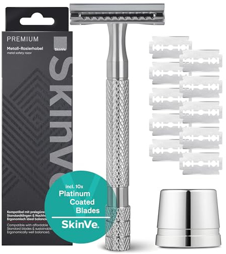 Rasoio SkinVe® Premium con supporto cromato con 10 lame, rasoio a umido Zero Waste per uomo e donna, rasoio di sicurezza con testa a 2 lati, senza plastica