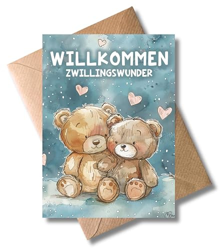 WBdesignz Glückwunschkarte zur Geburt von Zwillingen - Geschenkarte mit Umschlag Willkommen Zwillingswunder Babybarty Geburtsglückwunsch Babyglückwünsche Teddybär Bären Herzen Aquarell (DIN A6)