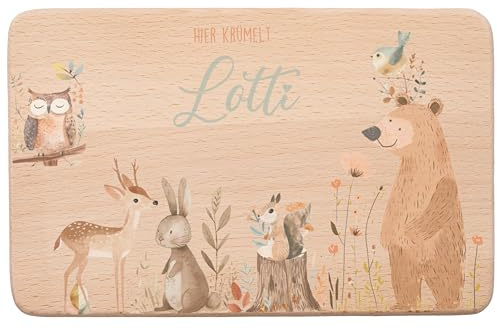 MINIHELDEN - Personalisiertes Frühstücksbrettchen Kinder Holz, Brotzeitbrett mit Namen und Tiermotiven, Individuelles Geschenk für Kinder und Babys zur Geburt, Taufe oder Weihnachten