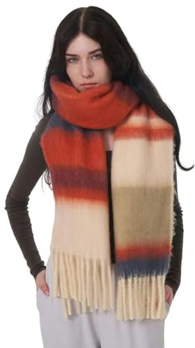 ASerZenith Eleganter Damenschal, Kaschmir-Schal, mehrfarbige Fransen für Damen, warm im Herbst und Winter (beige-orange, 209 cm x 34 cm)