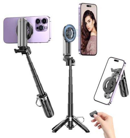 Trípode magnético para iPhone con control remoto, palo selfie portátil 4 en 1 con soporte extensible, trípode de viaje para teléfono 17 16 15 14 13 12 Pro Max Mini