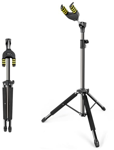 Linrax LS1 Folding Guitar Stand, Auto-Lock Guitar Holder, Adjustable Height and Base, Universal Floor Stand for Acoustic Classical Electric Guitar Bass Ukulele Banjo Mandolin, Tripod Display Rack