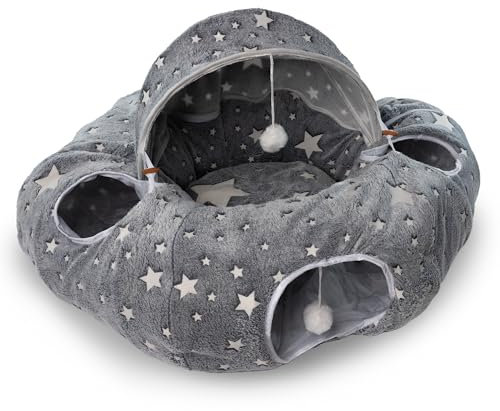 Fellbuddy's Katzenbett & Katzenhöhle – Flauschiges Katzenzubehör mit Katzentunnel, Spieltunnel & Krabbeltunnel, gemütliches Katzenkissen & UV-Leuchtfunktion (Grau - Leuchtfunktion)