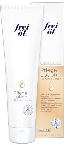 frei öl PflegeLotion 150 ml | schnell einziehende Körperlotion mit Vitamin A & E | Reduziert Pigmentflecken, Narben & Dehnungsstreifen sichtbar | Feuchtigkeitsspendende Pflege für trockene Haut