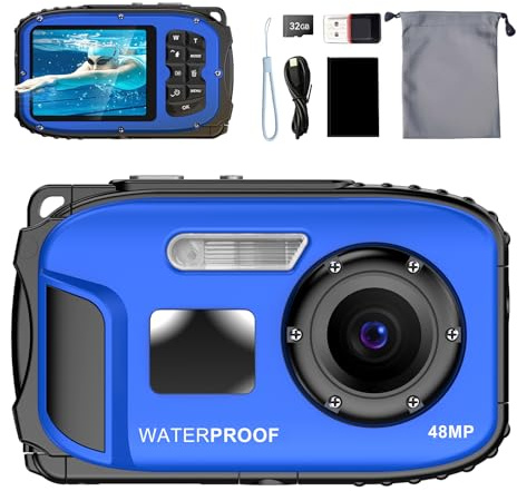 Fotocamera digitale galleggiante subacquea – 48 MP HD a corpo nudo impermeabile, nessuna custodia necessaria per divertimento subacqueo e ricordi d'infanzia (blu)