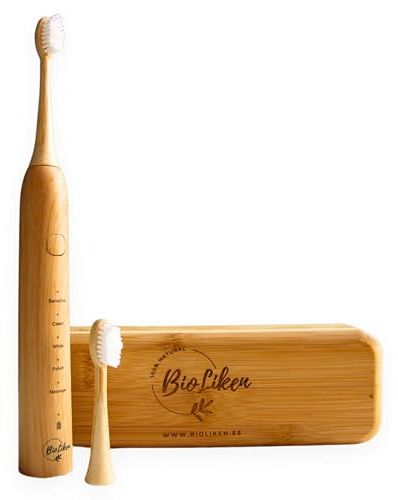 Spazzolino elettrico Sonico in bambù con manico ricaricabile, 2 testine biodegradabili, con custodia da viaggio in bambù