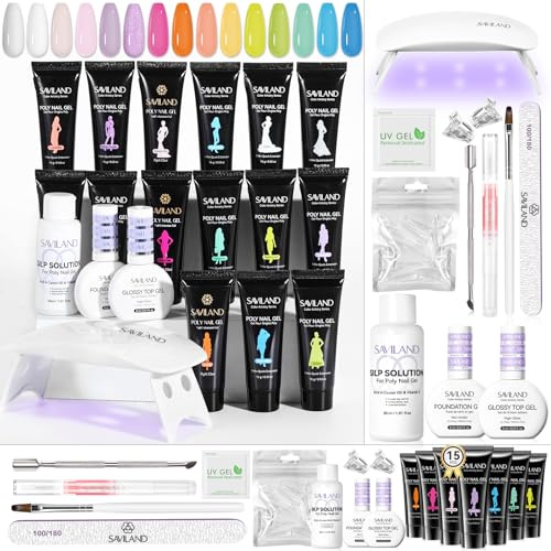 SAVILAND Color Artistry Glow poly nagelgelset: 15 färger neon regnbåge poly gel nagelset nagelstärkande poly gel nagelstartset med UV nagellampa glidmedel för snabb nagelförlängning hemma