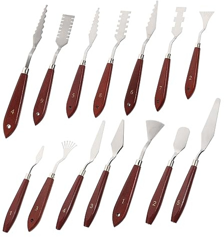 Set di Spatole per Pittura ad Olio 14 Pezzi in Acciaio Inox Marrone | Strumenti per Miscelazione e Raschietto per Vernice, per Pittura Acrilica, Formato Set Completo, Finitura Marrone
