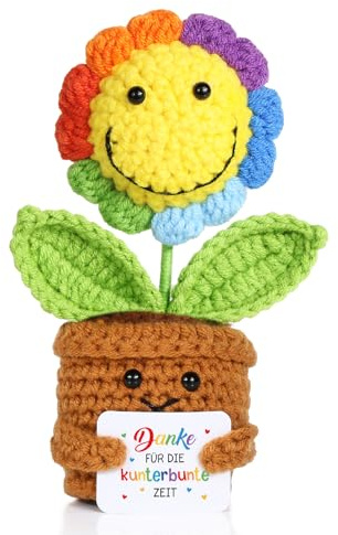 BOFUNX Erzieherin Geschenk, Gestrickte Sonnenblumen + Danke Karte + Organzasäckchen, Erzieherin Lehrerin Geschenk Glücksbringer für Abschied Danke Weihnachten Neujahr