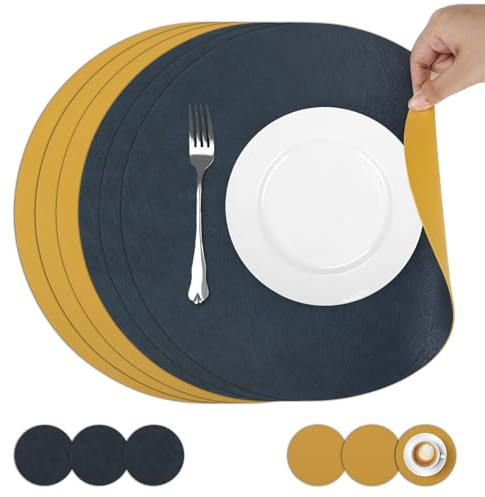 comfoyar Juego de 6 Manteles Individuales y Posavasos Doble Cara Redondo, Salvamanteles Individuales de Cuero Lavables Impermeables para Cocinas y Comedores Decoración de Mesas(Azul Amarillo, 33cm)