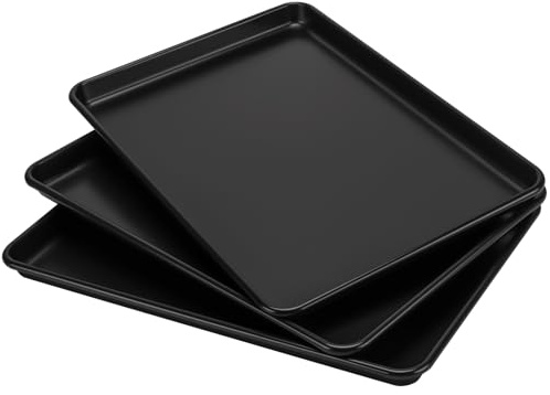 YIXNSW Backblech Set, 3-teilig, 39,3 x 27 x 2,5cm, Karbonstahl mit Antihaftbeschichtung, Schwarz Antihaft-Backblech, Ofenblech für Blechkuchen und Ofengerichte