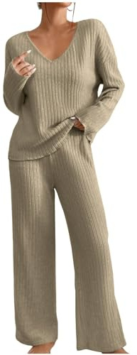 RLEHJN Jogginganzug Damen Set,Lang Gerippt Hausanzug Kuschelig Einfarbig Pyjama Set Elegant Langarm Nachtwäsche Zweiteiler Weich Strickanzug Loungewear Freizeit Trainingsanzug für Herbst Winter