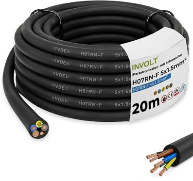 INVOLT Cavo di prolunga CEE, 20 m, H07RN-F 5G1,5 mm², cavo flessibile in gomma con conduttore di protezione, per esterni, cantieri, certificato VDE