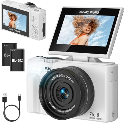 SOPPY Fotocamera digitale 5K con trasferimento WiFi, 75 MP Vlogging, zoom 18X e schermo flip da 3, fotocamera YouTube con messa a fuoco automatica, compatta per bambini, ragazzi e principianti