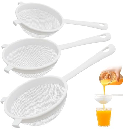 Kinesgsg 3Pcs Coladores de Malla de Plástico, Colador de Plástico de Cocina | 8/10/14 CM, con Asa, Colador de Alimentos de Nailon, Diseño Ergonómico, Adecuado para Filtrar Té, Pasta, Harina, Arroz y Jugo