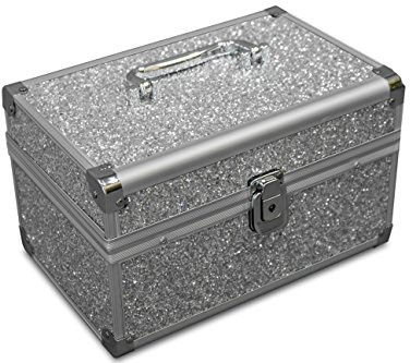 MARELIDA® Schmuck-Kästchen in Silber | Glitzer-Optik | Premium Schmink-Beauty-Koffer - klappbaren Fächer | Edel in Form & Design