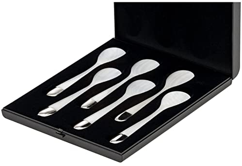 Löffel Set aus Perlmutt (Süßwassermuschel) ca. 12 cm - Naturprodukt - 6 kleine Eierlöffel o.Kavierlöffel - auch für Marmelade, Konfitüre, Eis oder Dips - versilbertes Endstück - mit Etui