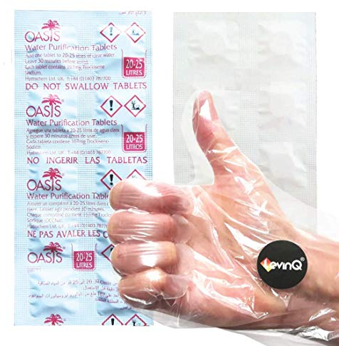 LevinQ Wasserreinigungstabletten für Trinkwasser *NSFgeprüft* 10X Chlortabletten Handschuhe, Water Purification Tablets, Oasis Chlor Tabletten